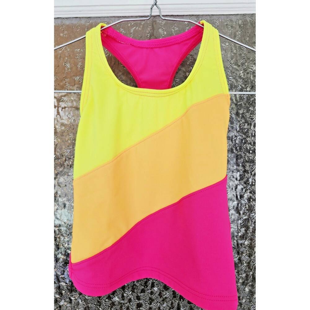 LANDS’ END Toddler Girls 2T Swim Tank Top Colorblock Racerback UPF Rashguard EUC